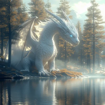 Majestic White Dragon by the Lake