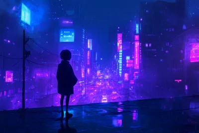 Neon Cityscape in Studio Ghibli Style