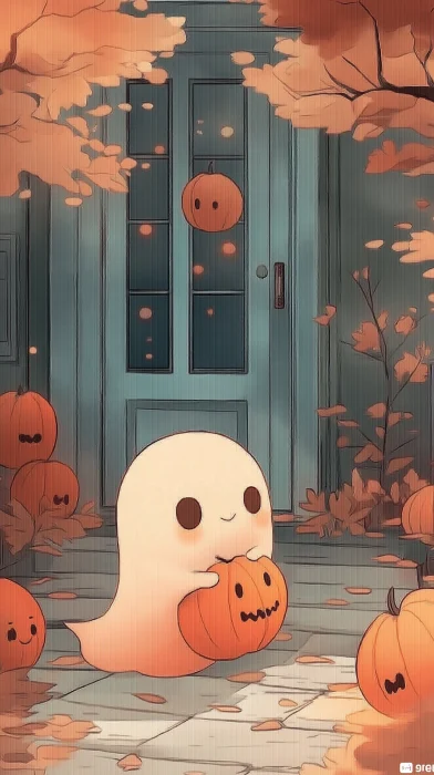 Autumn Watercolor Art with Cute Ghost