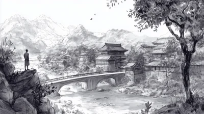 Man Standing on Bridge in Japanese Village Sketch