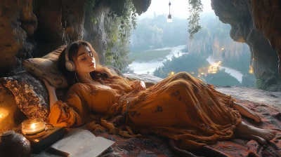 Spanish Girl Sleeping in Cave Listening to Music