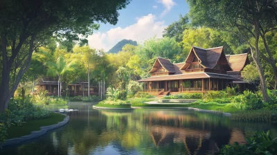 Thai Traditional House in Lush Tropical Garden