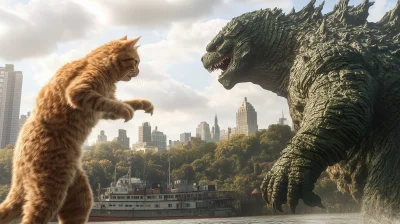 Cat Fighting Godzilla in New York