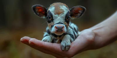 Hand holding a small mini cow