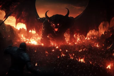 Epic Battle Scene with Demon and Soldiers