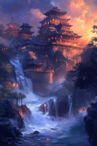 Japanese Cliff Fortress at Twilight