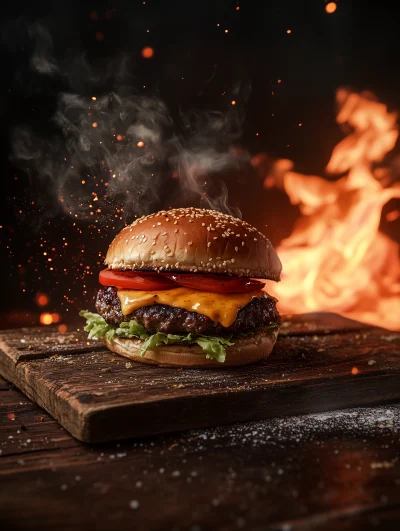 Cheeseburger on Wooden Board