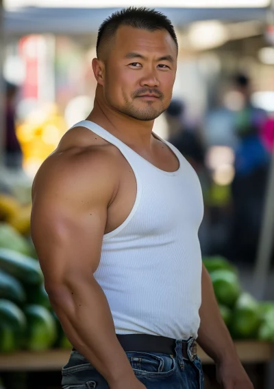 Muscular Asian Man in White Shirt