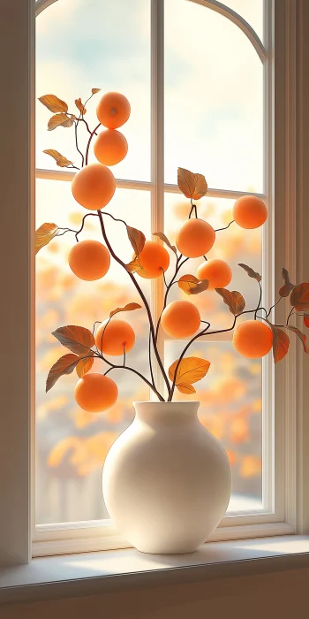 White Vase with Persimmons on Windowsill