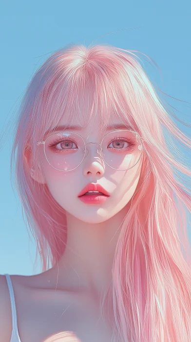 Portrait of a Chinese Girl with Pink Hair and Glasses