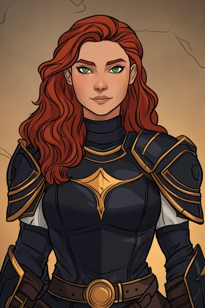 Crimson Red Haired Woman with Heterochromia Eyes in Fantasy Armor