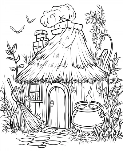 Witch’s Cozy Cottage Coloring Page