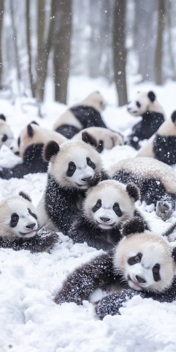 Adorable Young Giant Pandas in Snow