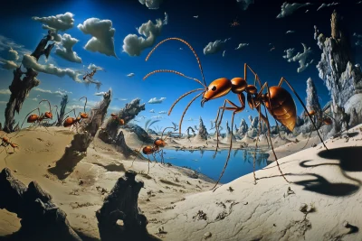 Surrealistic depiction of ants fighting termites during World War II