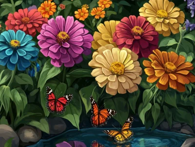 Colorful Zinnia Garden with Butterflies