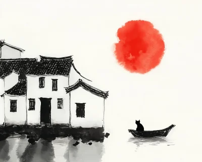 Black and White Chinese Ink Painting with Red Sun