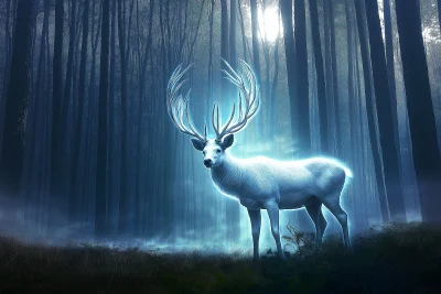 Majestic White Stag in Moonlit Forest