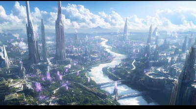 Futuristic Cityscape with Skyscrapers and Purple Crystals