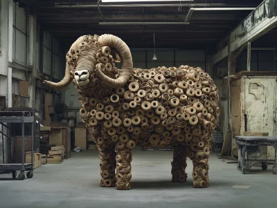 Rolls of Moving Tape Sheep Sculpture in Garage