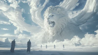 Surreal White Landscape with Lion Mask Figure