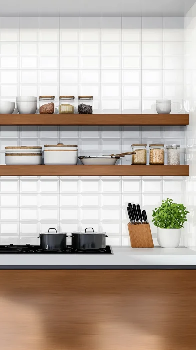 White Kitchen Tiles with Wooden Shelves 3D Rendering