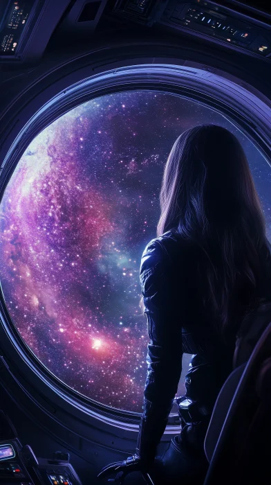 Woman on a Spaceship Looking at the Stars