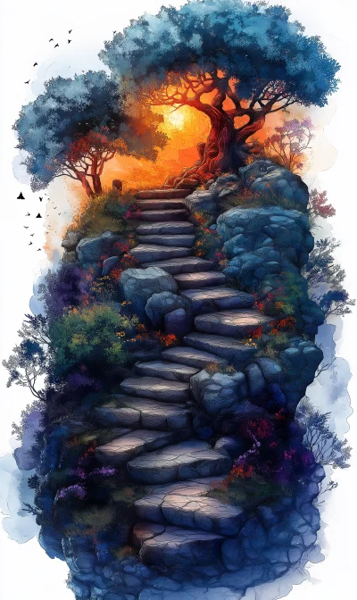 Fantasy World Stairs and Door Watercolor Painting