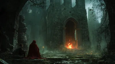 Old Priest and Young Adventurer Resting by a Fire in Ruined Chapel