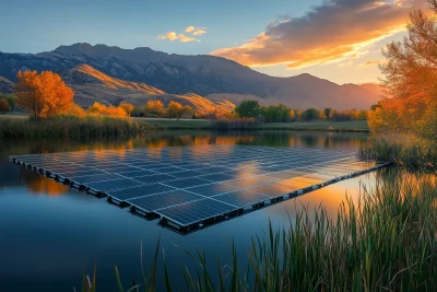 Floating solar panels on a serene lake