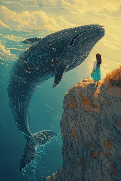 Girl watching a whale on the edge of a cliff