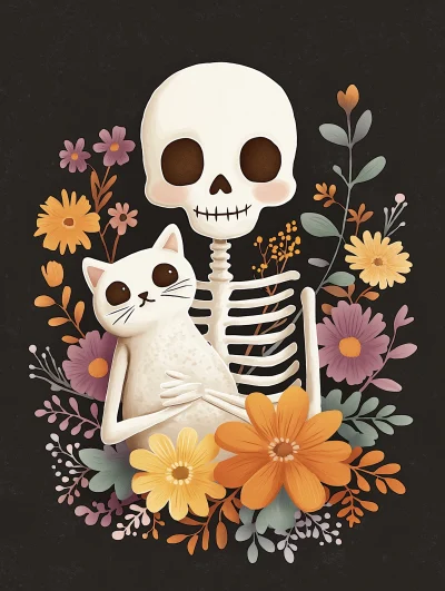 Skeleton with Cat and Flowers