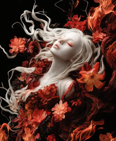 Albino Woman Wrapped in Flames and Flowers