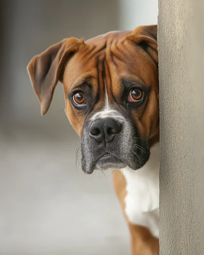 Boxer Dog Peeking Around Corner