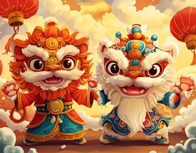 Chinese God of Wealth and Chinese Lion Dance