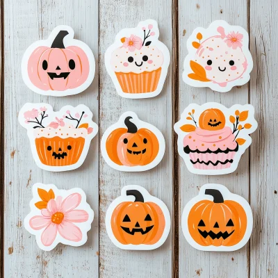 Cute Halloween Stickers in Pink and Orange