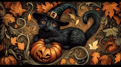 Art Nouveau Halloween Cat Illustration