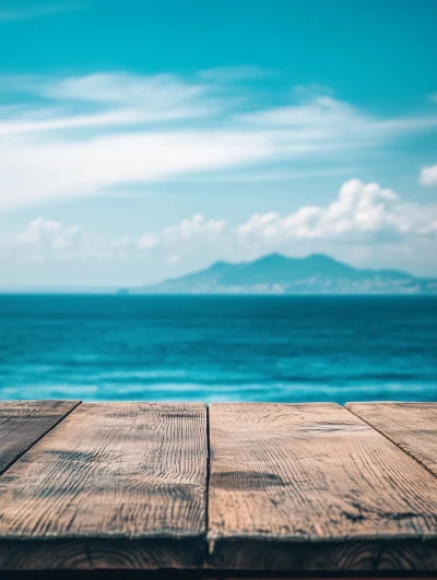 Wooden Table Closeup with Sea Background