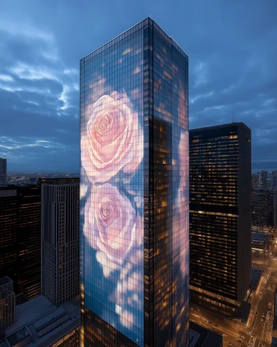 Iridescent Glass Tower with 3D Rose Patterns