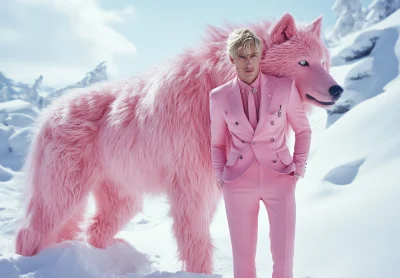 Fashion film still with blond man in pink suit and giant pink wolf