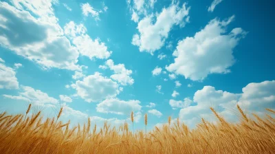 Golden Wheat Field under Blue Sky with Fluffy Clouds