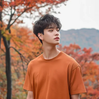 Korean Male Model in Autumn Leaf Color T-shirt Mockup