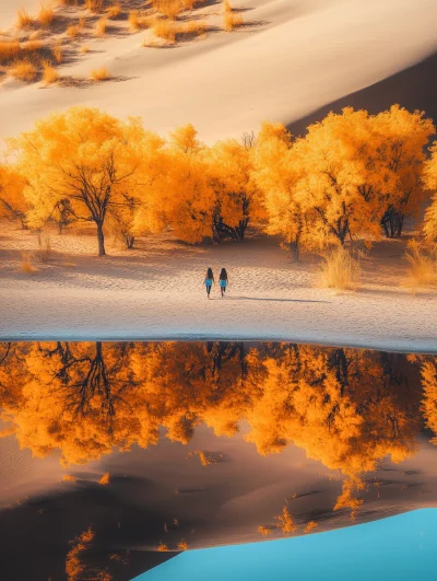 Asian Girls in Gobi Desert Oasis