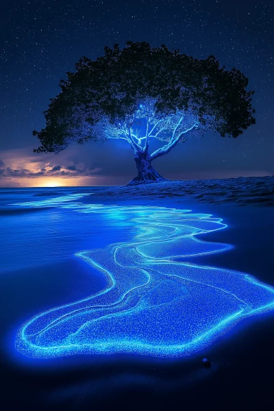 Bioluminescent Blue Tree on the Beach