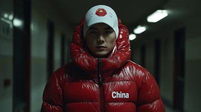 Chinese Swimmer in Red Jacket Walking Through Hallway