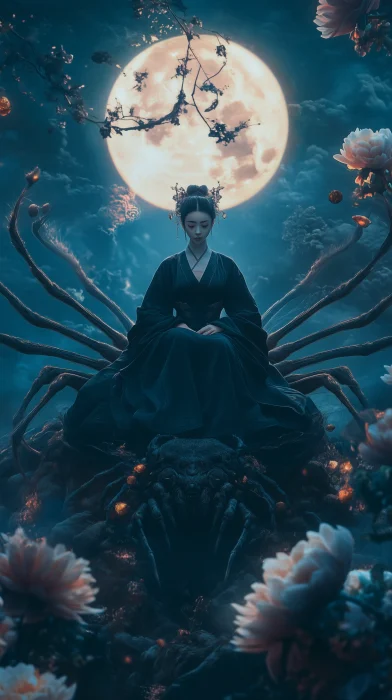 Woman in Black Hanfu Riding on Ancient Giant Spider