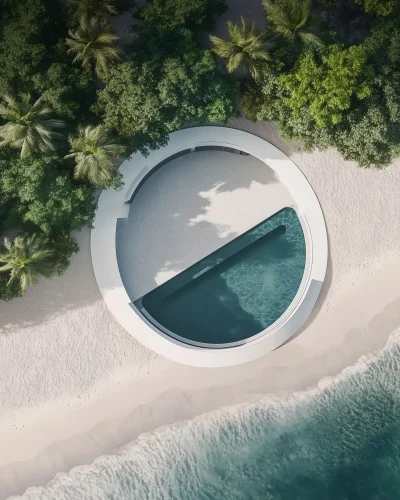 Minimalist Circle Architecture with Trees and Sand