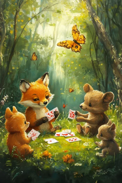 Friendly Animals Playing Cards in Fabulous Landscape