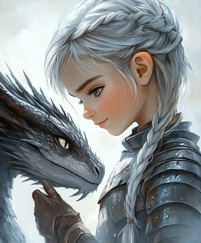 Kid Girl Knight Apprentice with Grey Dragon