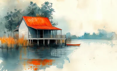 Orange and Teal Watercolor House on the Bayou