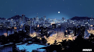 Seoul Night Skyline Ink Illustration